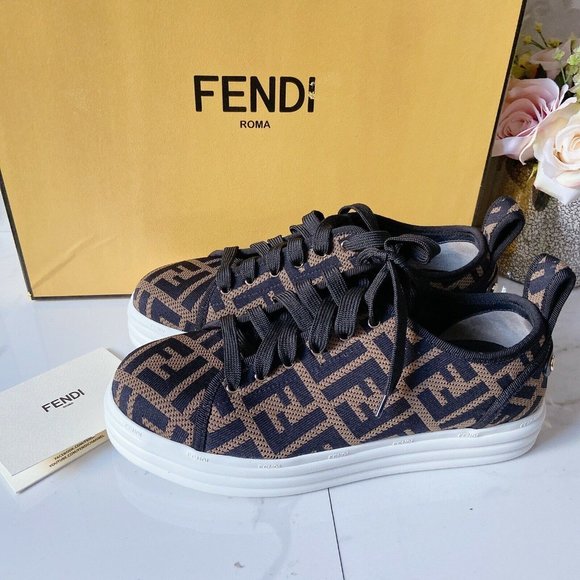 Fendi Shoes - FENDI RISE FF Logo Brown Fabric flatform Sneaker